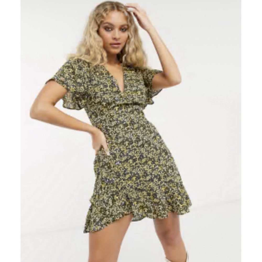Topshop IDOL ditsy floral print mini tea dress in yellow & Black Sz-6 NWT